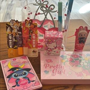 Cute Pink Hello Kitty & stitch Character Lip Balm and Beauty Set